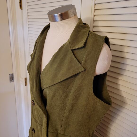 Olive Sleeveless Trench Dress XL Double Breasted V-Neck Long Layering Pockets - Picture 2 of 8